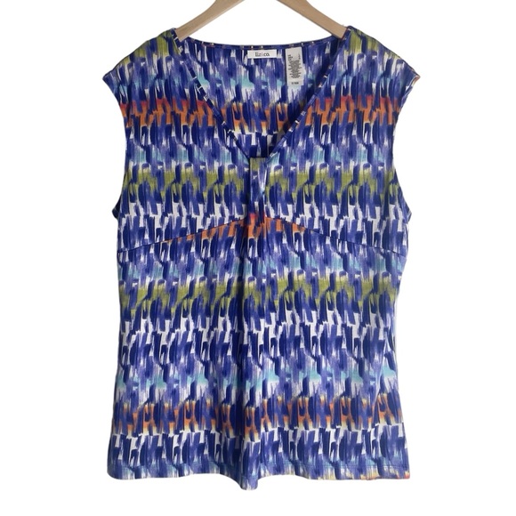 Liz & Co Pleat Front Top LARGE V-neck Colorful Career Casual Sleeveless Blouse - Picture 2 of 16